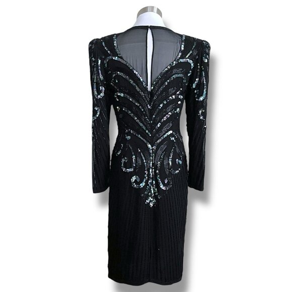 Vintage 1980s AJ Bari Womens Cocktail Dress Sz Small Black Silk Beaded Sequins - Picture 14 of 16